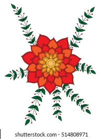 Abstract orange with red flower with leaves for adult or child coloring book and pages. Mono color black line art element for design.
