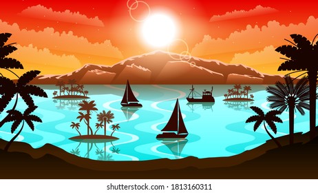 Abstract Orange And Red Sky Gradient Background With Clouds Sun Water Palm And Boats Vector Design Style Nature Landscape