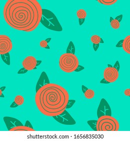 Abstract orange rose for wallpaper. Whorl flower seamless pattern for wrap paper, textile linen, fabric pillowcase, bath tile, t-shirt, bag or hoody print. Green backdrop stock vector illustration