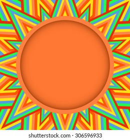 Abstract orange round text or photo frame on ornamental background of multicolor stripes