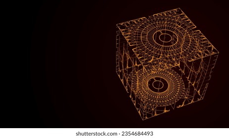 Abstract orange sci-fi cube with particle and line. Vector technology network connection on world. Global digital connections ai. Wireframe cube. Blockchain encryption.