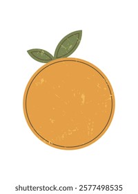 Abstract orange shape sticker. Minimal fruit icon with round form. Grunge texture, flat style, bold symbol for retro designs and modern art projects.