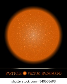 Abstract orange shpere of glowing light particles space black background. Atomic technology design. Background for presentations, cards, scientific and jewelry design. Vector illustration