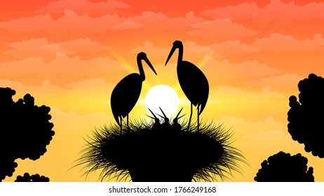 Abstract Orange Sky Nature Background Vector With Nest Birds And Sun