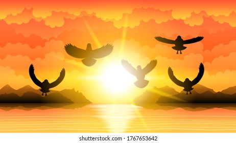 Resumen Vector De Fondo Natural Del Cielo Naranja Con Aves De Silueta Y Estilo De Diseño Del Sol