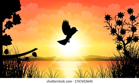 Abstract Orange Sky Nature Background Vector With Silhouette Birds And Sun Design Style