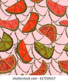 Abstract orange slices with texture and grid on cream .Hand drawn with ink and colored with marker brush seamless background.Creative hand made brushed design.