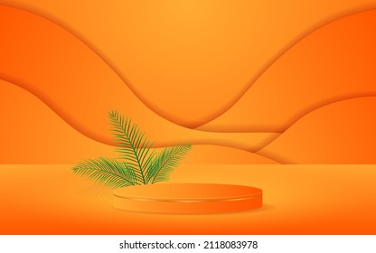 Abstract orange stage podium with green leaves in the background for product display with orange curve background. vector illustration
