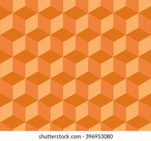 Abstract orange striped 3d cubes geometric seamless pattern, vector