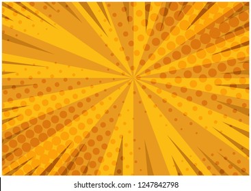 Abstract orange striped retro comic background with halftone corners. Bright yellow texture with stripes and half tone pattern for comics book, advertising design, poster, print