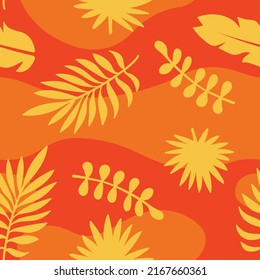 Abstract Orange Summer Seamless Pattern With Copy Space for Text. Bright Tropical Leaves And Plants in Simple Minimal Style.