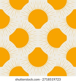 Abstract Orange Sunburst Seamless Pattern. Minimalist Bohemian Sun Ornament. Mid-Century Modern Wallpaper. Retro 70s Style Background.