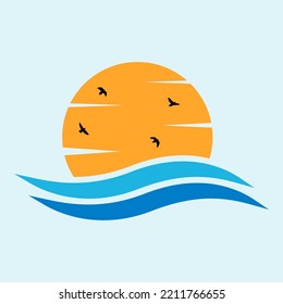 Abstract orange sunset sun over water. Sunrise with blue sea waves and birds. Summer landscape. Retro sunset vector illustration. 