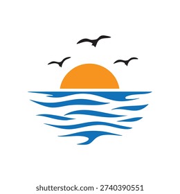 Abstract orange sunset sun over water icon vector illustration representing nature, evening, and landscape concept. Modern and minimal design featuring a glowing sun setting over calm water, suitable for travel branding, summer themes, beach projects, tourism promotions, websites, mobile apps, logos, posters, banners, and print materials. Clean and versatile vector style ideal for digital and commercial use.