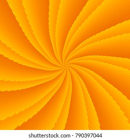 Abstract orange twisted optical illusion, creative vector spiral symmetric background with gradient petals and slices