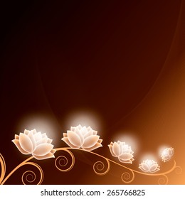 Abstract Orange Vector Background With Curly Branches and Shiny Flowers.