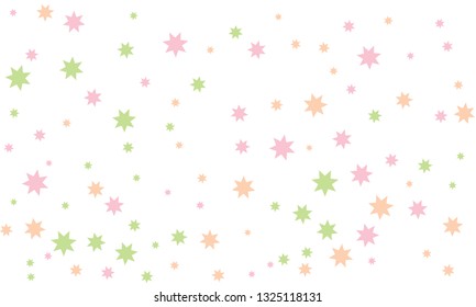 Abstract orange, violet and pink stylish background of falling stars on white paper. Pattern for Christmas and New Year card, invitation for dinner, paper packaging. Vector illustration, EPS 10.