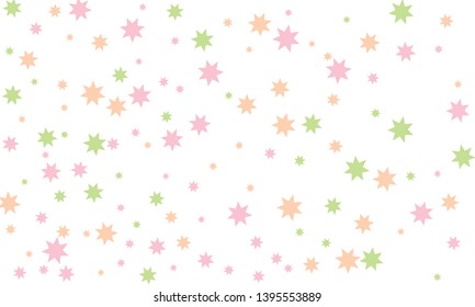 Abstract orange, violet and pink stylish background of falling stars on white paper. Pattern for Christmas and New Year card, invitation for dinner, paper packaging. Vector illustration, EPS 10.
