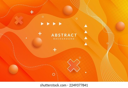 Abstract orange wave background with memphis style premium vector