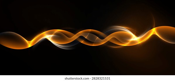 Abstract orange wave design over black background. Smooth curves create dynamic visual effect. Brightness contrasts sharply with darkness.
