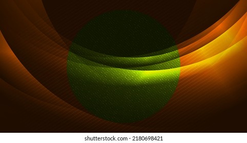 Abstract orange wavy shiny background with lines, dots and green circle. Vector glowing design
