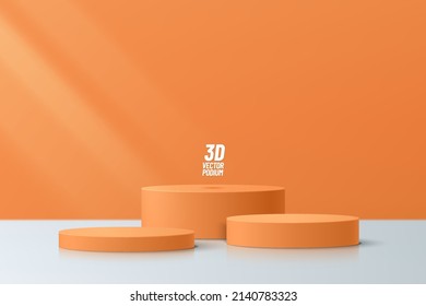 Abstract orange and white 3D room with set of realistic steps orange cylinder pedestal podium. Minimal wall scene for product display presentation. Vector rendering geometric forms. Stage showcase. 