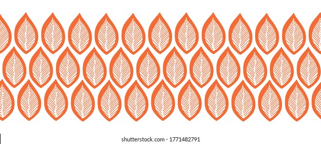 Abstract orange and white leaves seamless vector border. Autumn border frame bottom horizontal seamless vector illustration. Use for fabric trim, card decor, ribbons, autumn greeting card, invitation
