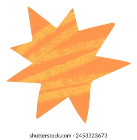 Abstract orange and yellow cut out star shape. Bright wow splash star collage element with hand drawn crayon textured scribble lines. Fun pastel abstract star and space sticker element.