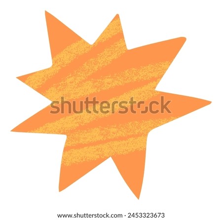 Abstract orange and yellow cut out star shape. Bright wow splash star collage element with hand drawn crayon textured scribble lines. Fun pastel abstract star and space sticker element.