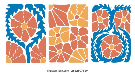 Abstract orange and yellow flowers and blue leaves. Minimalist floral prints in doodles style