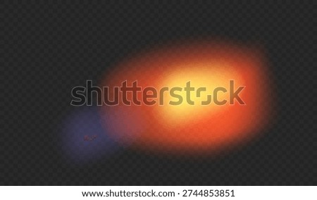 Abstract orange and yellow glowing light spot isolated on dark background. Soft blurred lens flare or bokeh effect with purple tint. Vector graphic overlay for design.