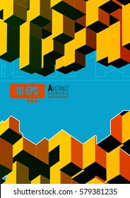 Abstract orange yellow isometric shape lay on bright blue background space