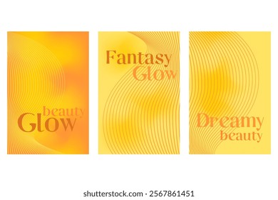 Abstract orange, yellow poster set, smooth blurred gradient background with glowing liquid blur banner. Golden color fluid poster with copy space. Wet brush watercolor splashes wavy texture.