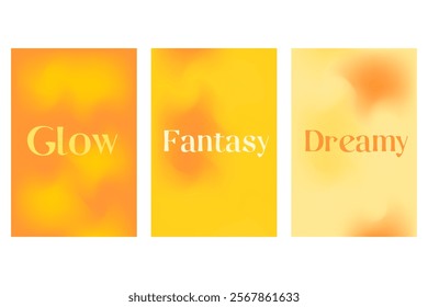 Abstract orange, yellow poster set, smooth blurred gradient background with glowing liquid blur banner. Golden color fluid poster with copy space. Wet brush watercolor splashes wavy texture.