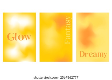 Abstract orange, yellow poster set, smooth blurred gradient background with glowing liquid blur banner. Golden color fluid poster with copy space. Wet brush watercolor splashes wavy texture.