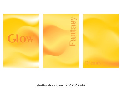 Abstract orange, yellow poster set, smooth blurred gradient background with glowing liquid blur banner. Golden color fluid poster with copy space. Wet brush watercolor splashes wavy texture.