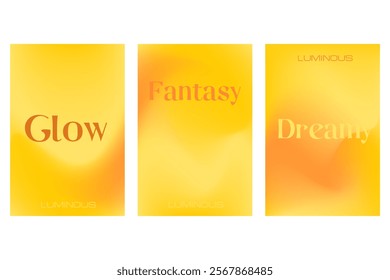 Abstract orange, yellow poster set, smooth blurred gradient background with glowing liquid blur banner. Golden color fluid poster with copy space. Wet brush watercolor splashes wavy texture.