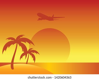 Abstract Orange and Yellow Summer Background With Silhouette Palm Trees and Airplane Over Sunset From a Tropical Island