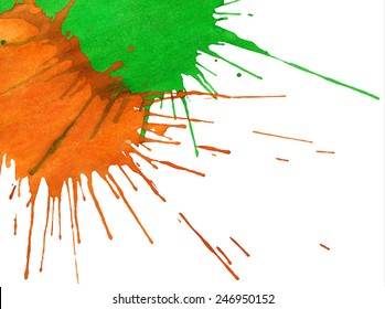 Abstract orange-green watercolor drops isolated on white background