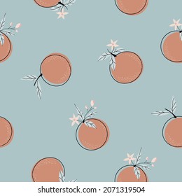 Abstract oranges seamless pattern. Trendy fruit background. Exotic print with clementine fruits. Vector illustration. Design for office, case, poster.