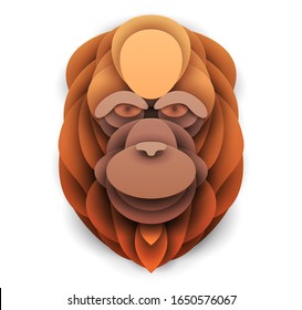 Abstract orangutan head isolated on white background. Creative 3d concept in craft paper cut style. Colorful minimal design character. Original vector cartoon illustration.