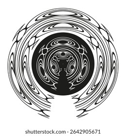 Abstract orb shape. Optical pattern figure. Circular illusion icon. Monochrome vector symbol.
