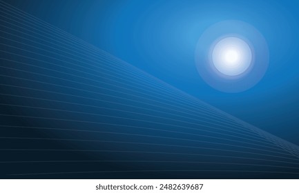 Abstrakte Orbitlinie und Sonnenstrahlung auf schwarzblauem Hintergrund. Technologie- und Astronomiekonzept für Vorlage, Banner, Broschüre, Flyer, Web.