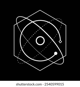 Logotipo abstracto de la órbita en forma hexagonal y circular en blanco y negro