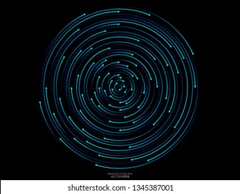 Abstract Orbits Circle Ring Movement Line In Blue Green Light Isolated On Black Background. Vector Graphic In Concept AI Technology, Science, Music