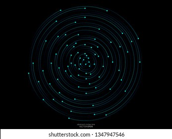 Abstract orbits circle ring movement dots line in blue green light isolated on black background. Vector graphic in concept AI technology, science, music
