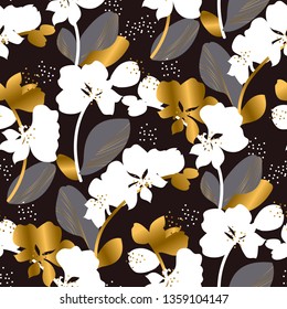 Abstract orchid blossom seamless vector pattern. White and golden gradient inflorescence silhouette. Vintage backdrop with colorful floral texture. Luxury wallpaper, wrapping paper design
