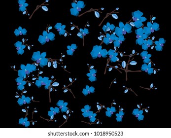 Abstract orchid pattern. Gentle flowers background. Vector illustration for invitation, card, celebration, party, carnival, festive holiday and Your project. Black Background