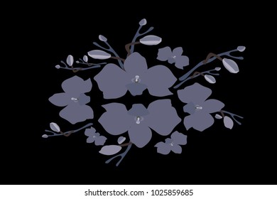 Abstract orchid pattern. Gentle flowers background. Vector illustration for invitation, card, celebration, party, carnival, festive holiday and Your project. Black Background