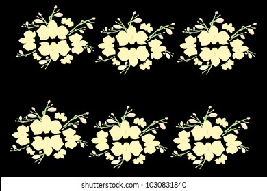 Abstract orchid pattern. Gentle flowers background. Vector illustration for invitation, card, celebration, party, carnival, festive holiday and Your project. Black Background
